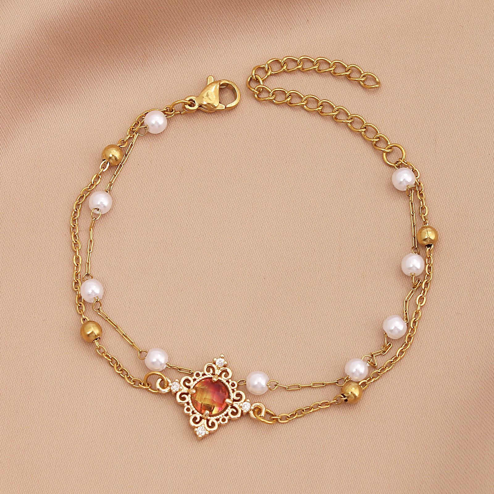 Wholesale Simple Style Round Stainless Steel Imitation Pearl Handmade Inlay Zircon Bracelets