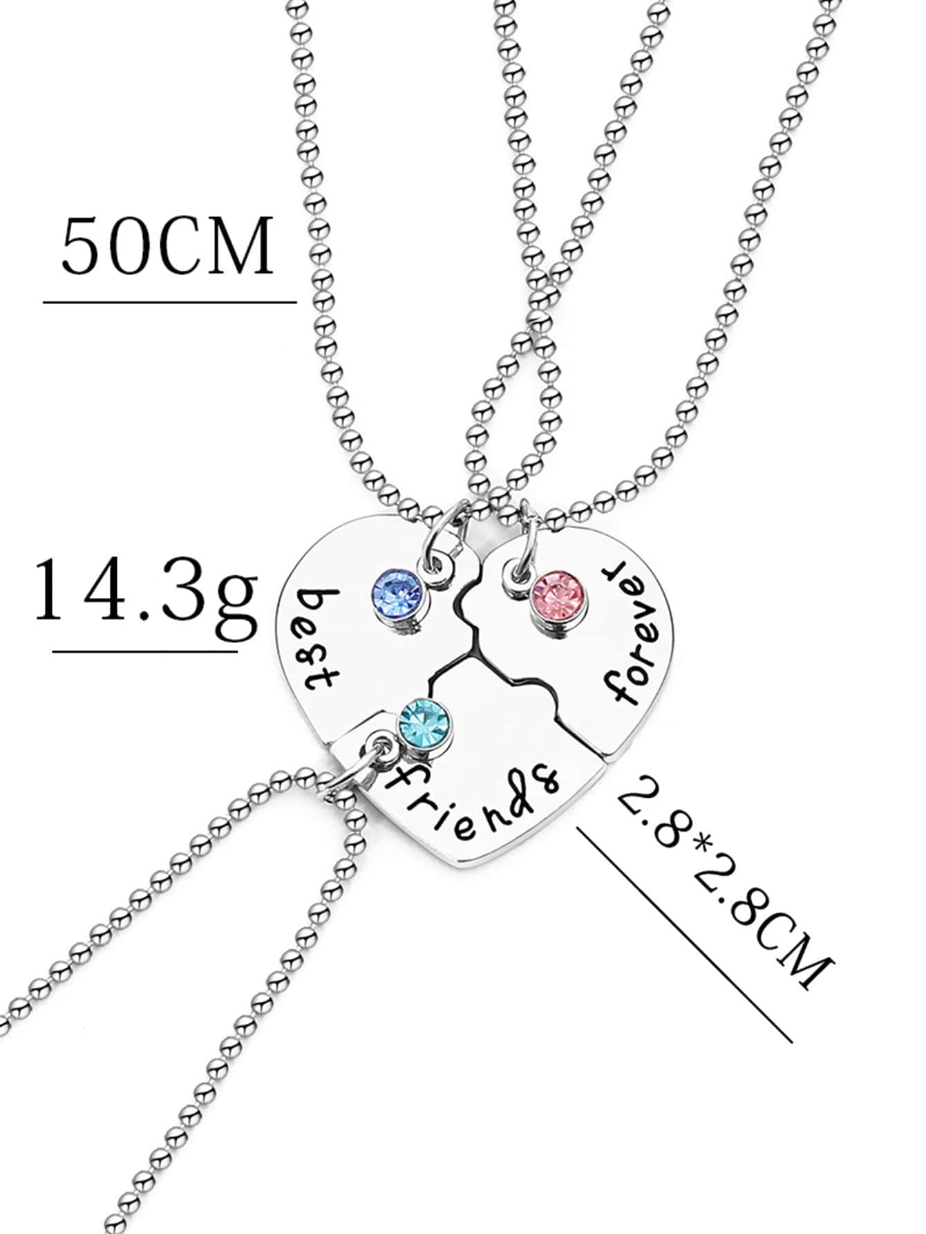 3pcs Gemstone Decor Letter Detail Heart Pendant Necklace