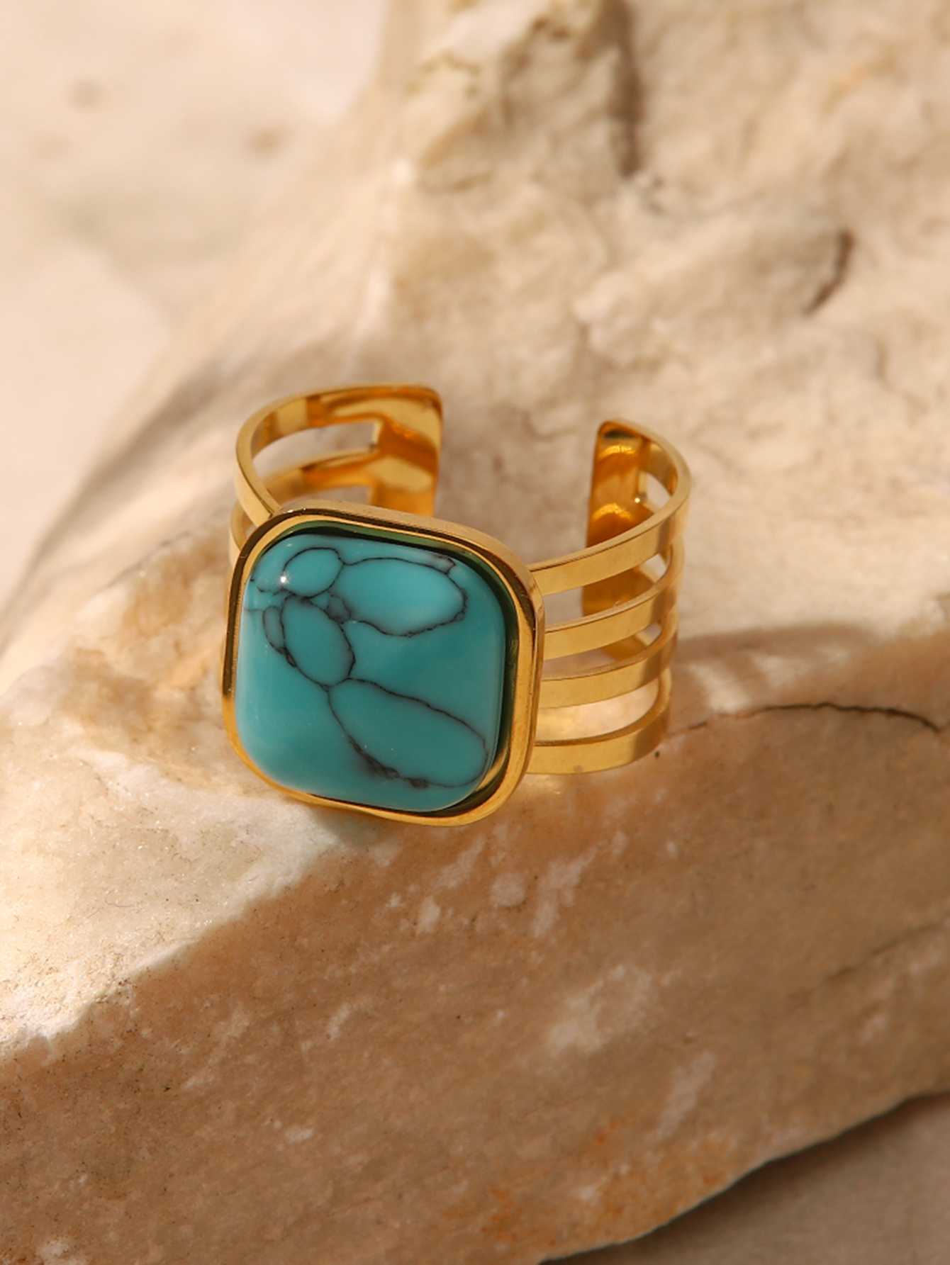 Simple Style Gem Stainless Steel Plating Turquoise Open Ring 1 Piece