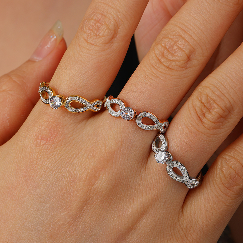 Elegant Curve Titanium Steel Artificial Diamond Open Ring In Bulk