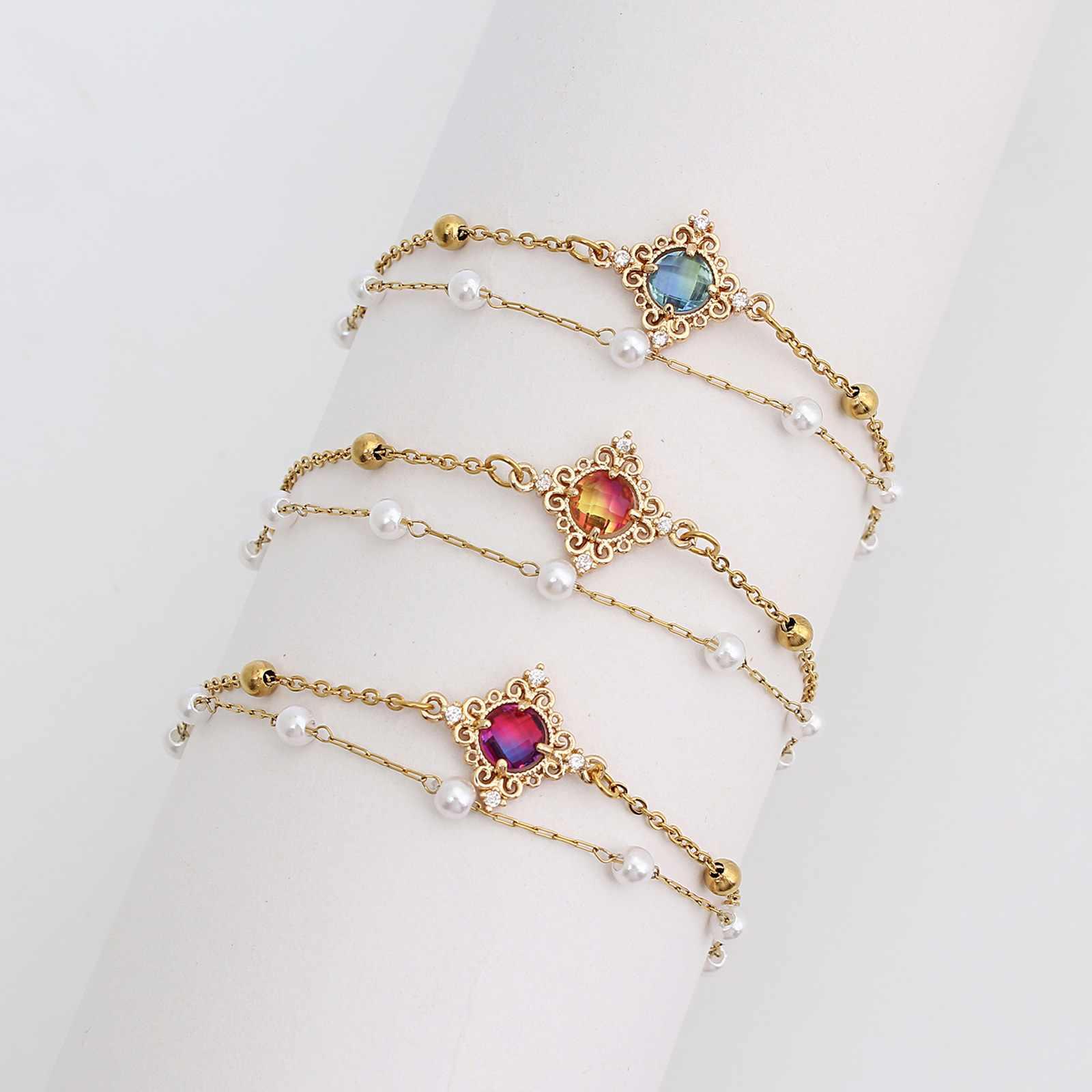 Wholesale Simple Style Round Stainless Steel Imitation Pearl Handmade Inlay Zircon Bracelets